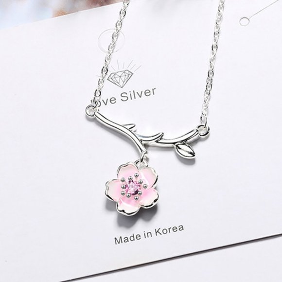 #NEW 925 Sterling Silver Pink White Diamond Cherry Blossom Leaf Branch Necklace - Picture 4 of 11